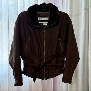 Cropped Bomber Jacket with Tie Belt and Faux Fur Collar